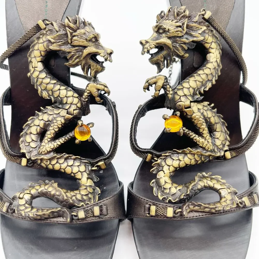 Giuseppe Zanotti Vicini Vintage Dragon Embellished Leather Heeled Sandals IT 36